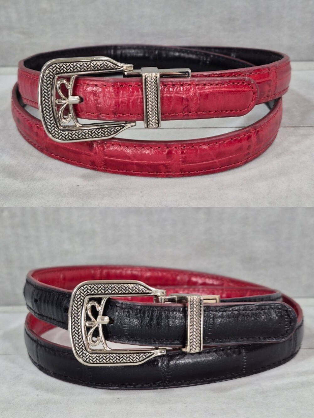 Reversible belt women's medium red black croc embossed silver buckle